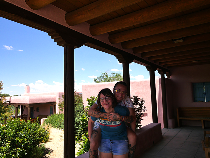 A student on the back of another student at the Doel Reed Center